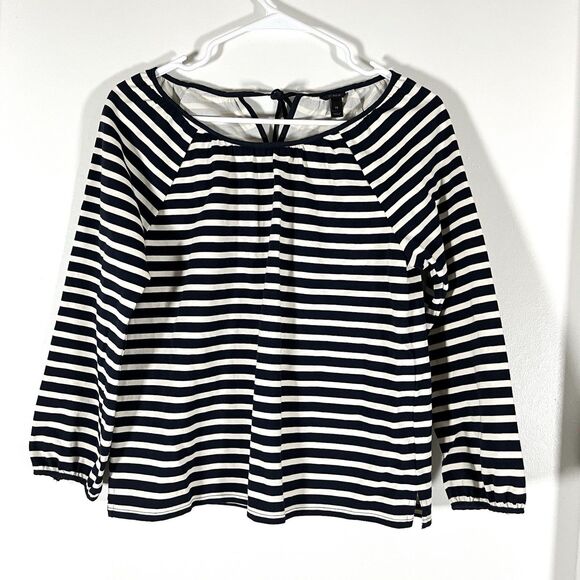 J. CREW STRIPED PEASANT TOP GATHERED NECK TIE BACK NAVY IVORY Size XS Fit S/M - Picture 3 of 10